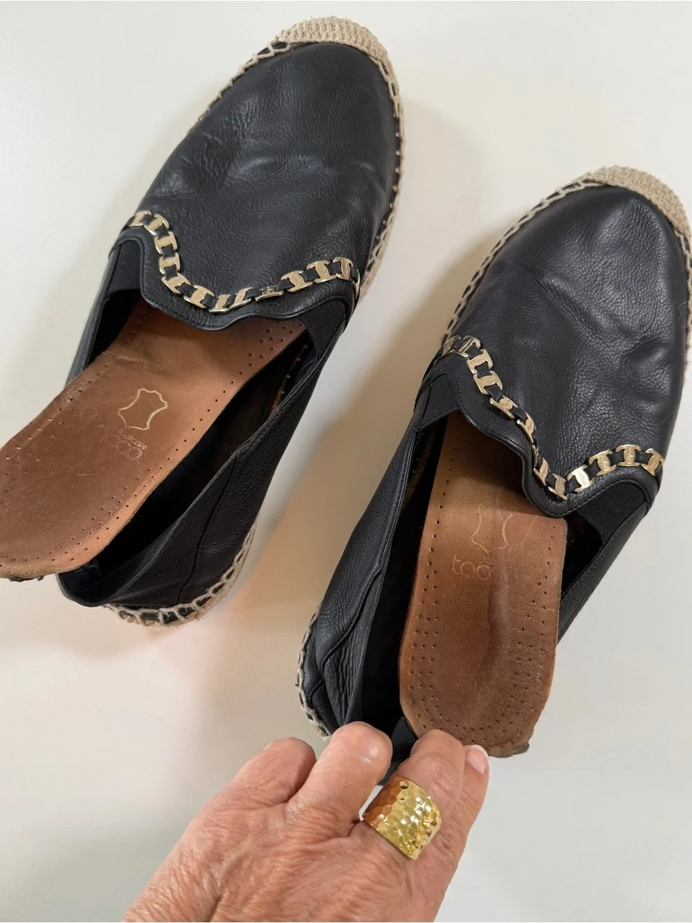 Salvatore Ferragamo Leather Chain Espadrilles 7.5C Wide Black